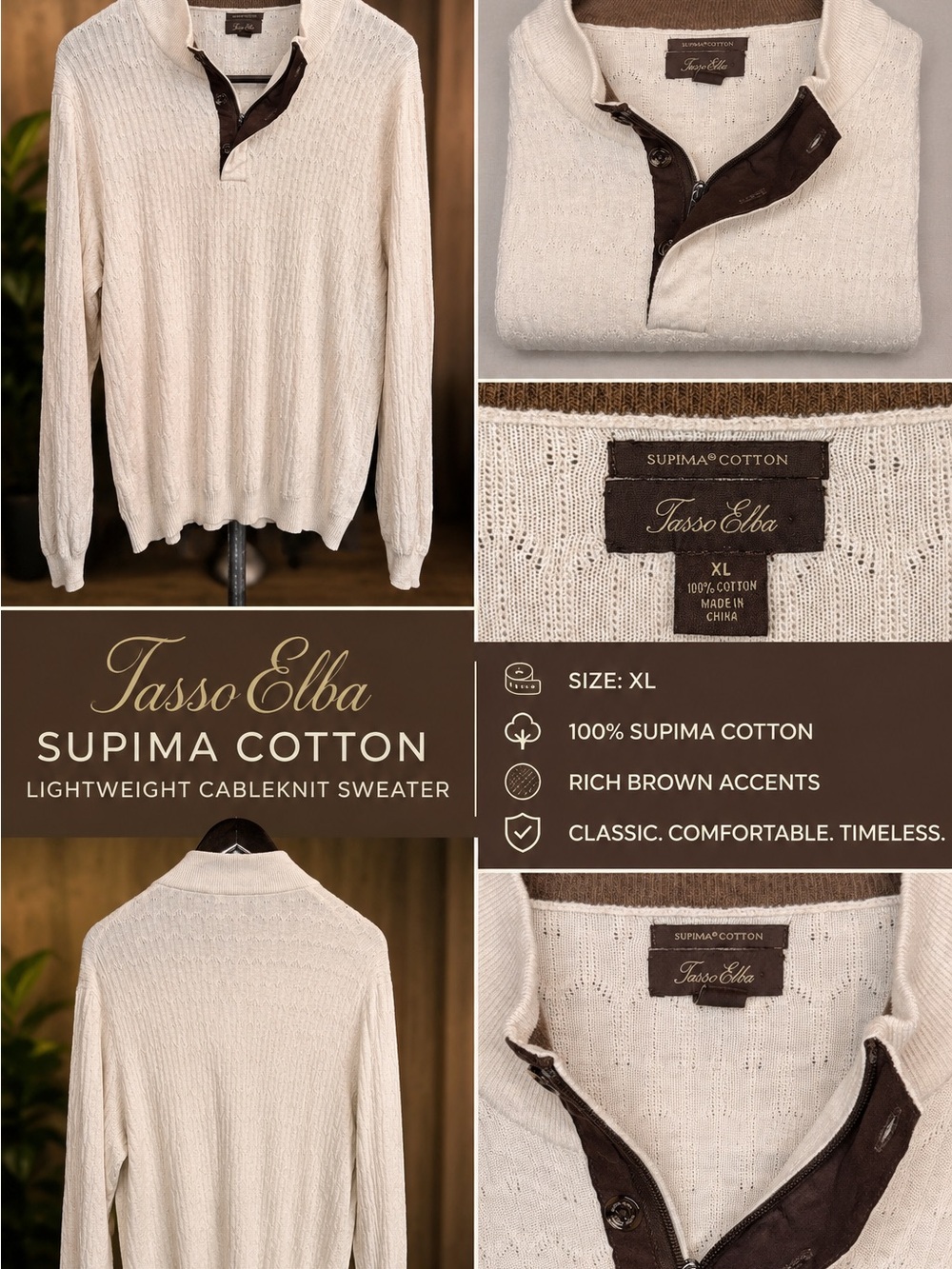 Tasso Elba Men’s Supima Cotton Cableknit Sweater - Cream with Brown Accents XL